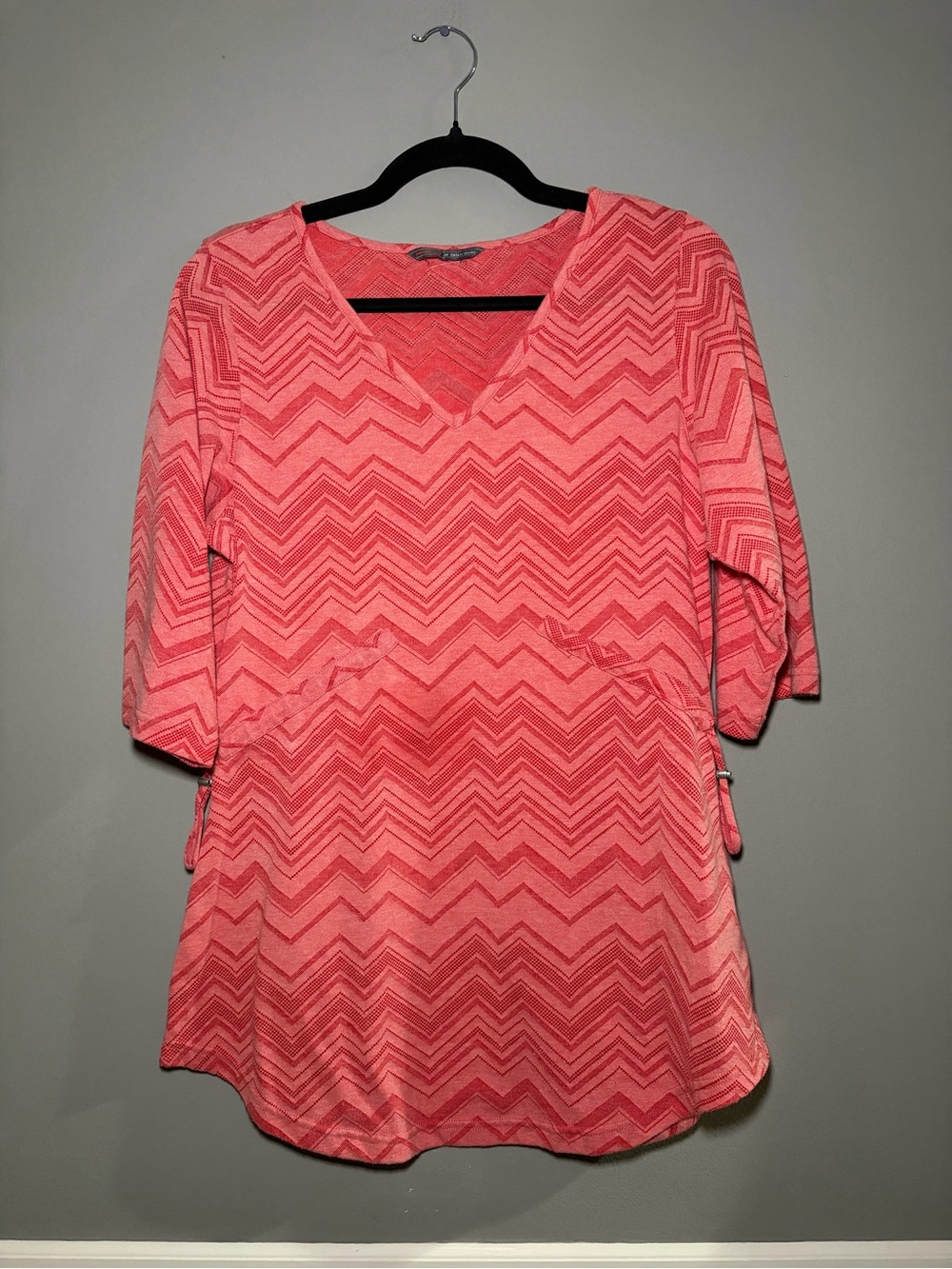 Merrell Tunic Top Chevron V-Neck 3/4 Sleeve Drawstring Waist Cotton Athleisure